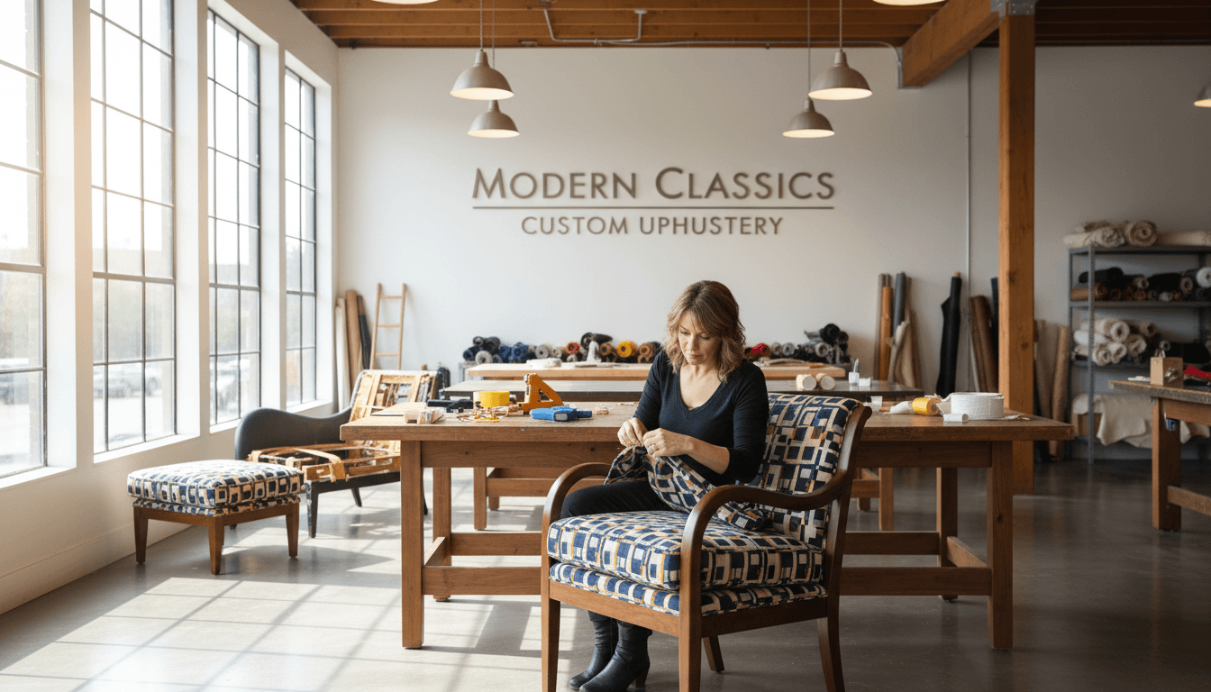 Upholsterer crafting custom furniture at workbench in Dearborn workshop