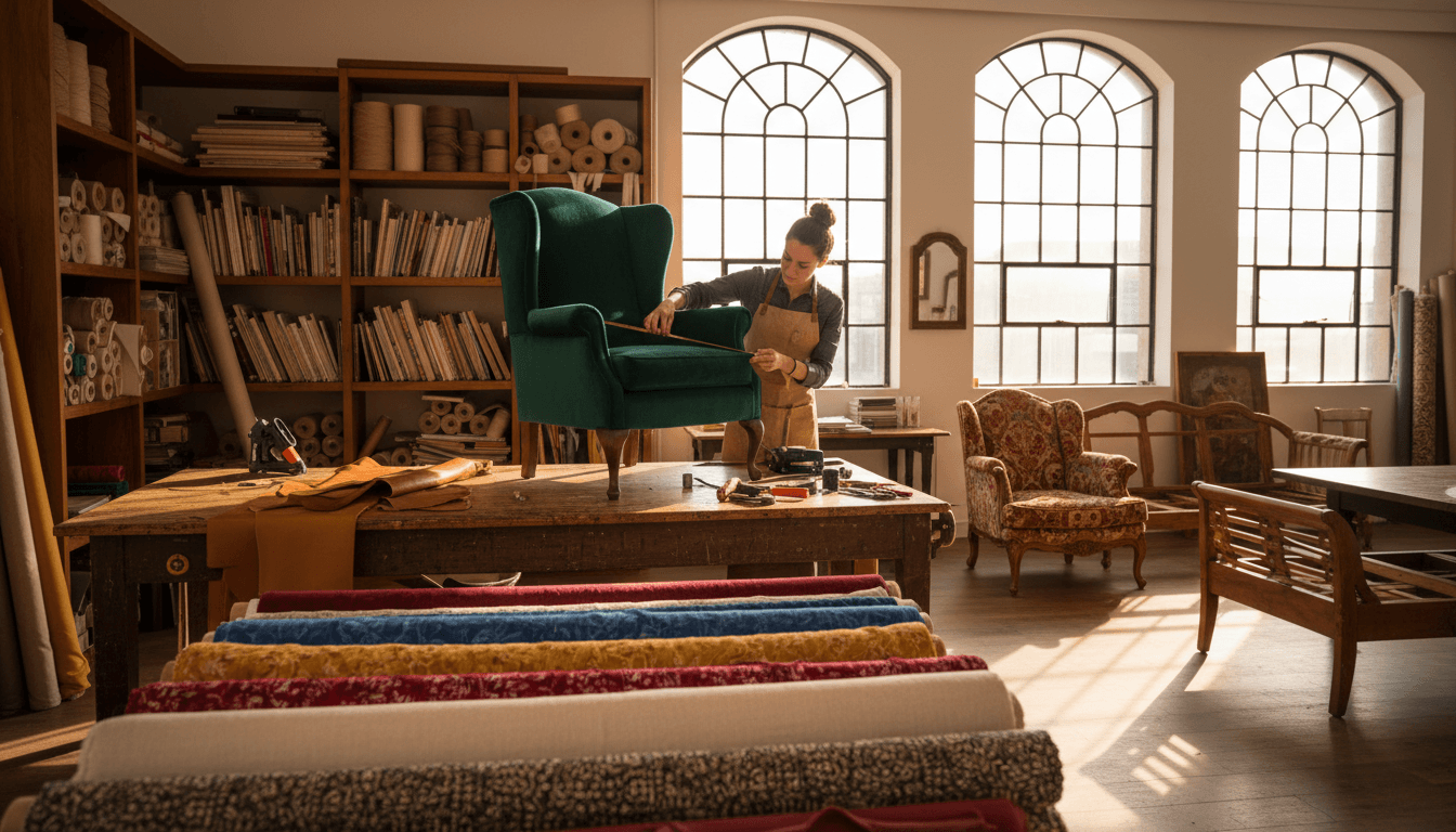 Skilled upholsterer carefully restoring a piece of furniture in a bright, professional workshop