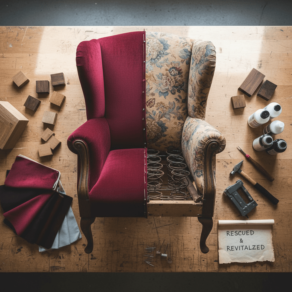 Overhead view of vintage wingback chair mid-restoration showing new burgundy fabric application and refined wooden frame with surrounding restoration materials