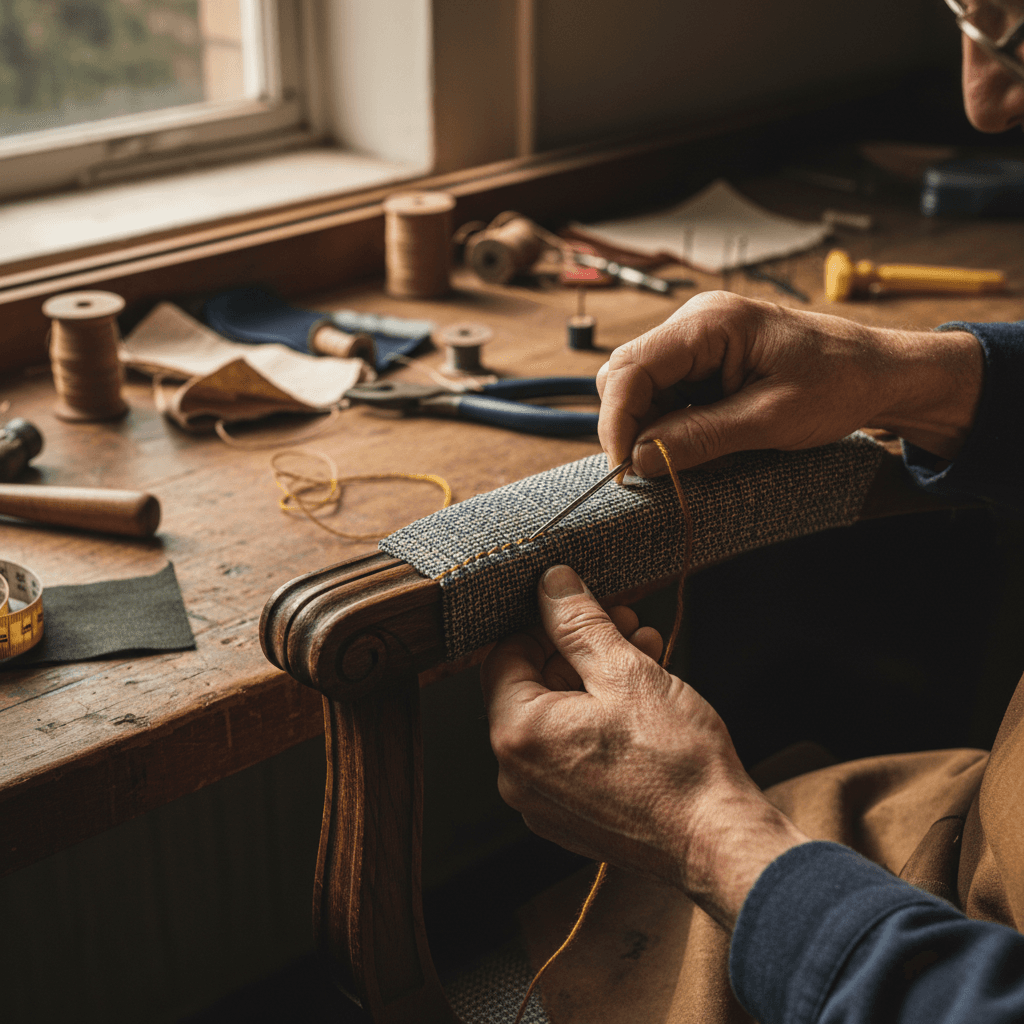 Upholsterer restoring furniture with expert craftsmanship