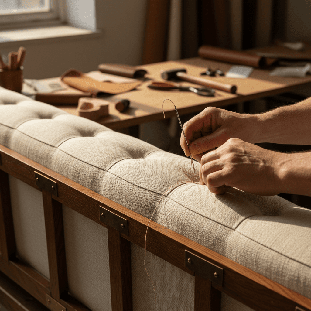 Furniture restoration process showing old chair being reupholstered with new materials