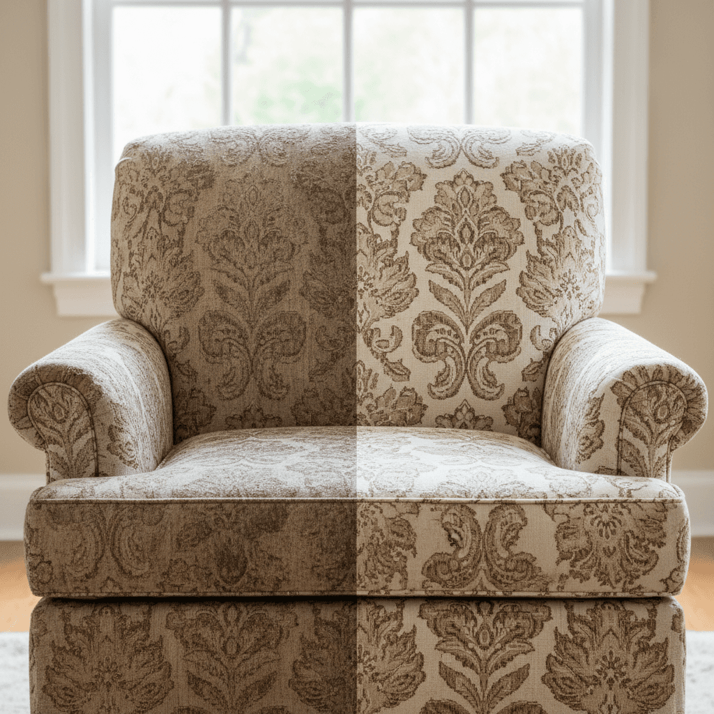 Restored sofa before and after upholstery work