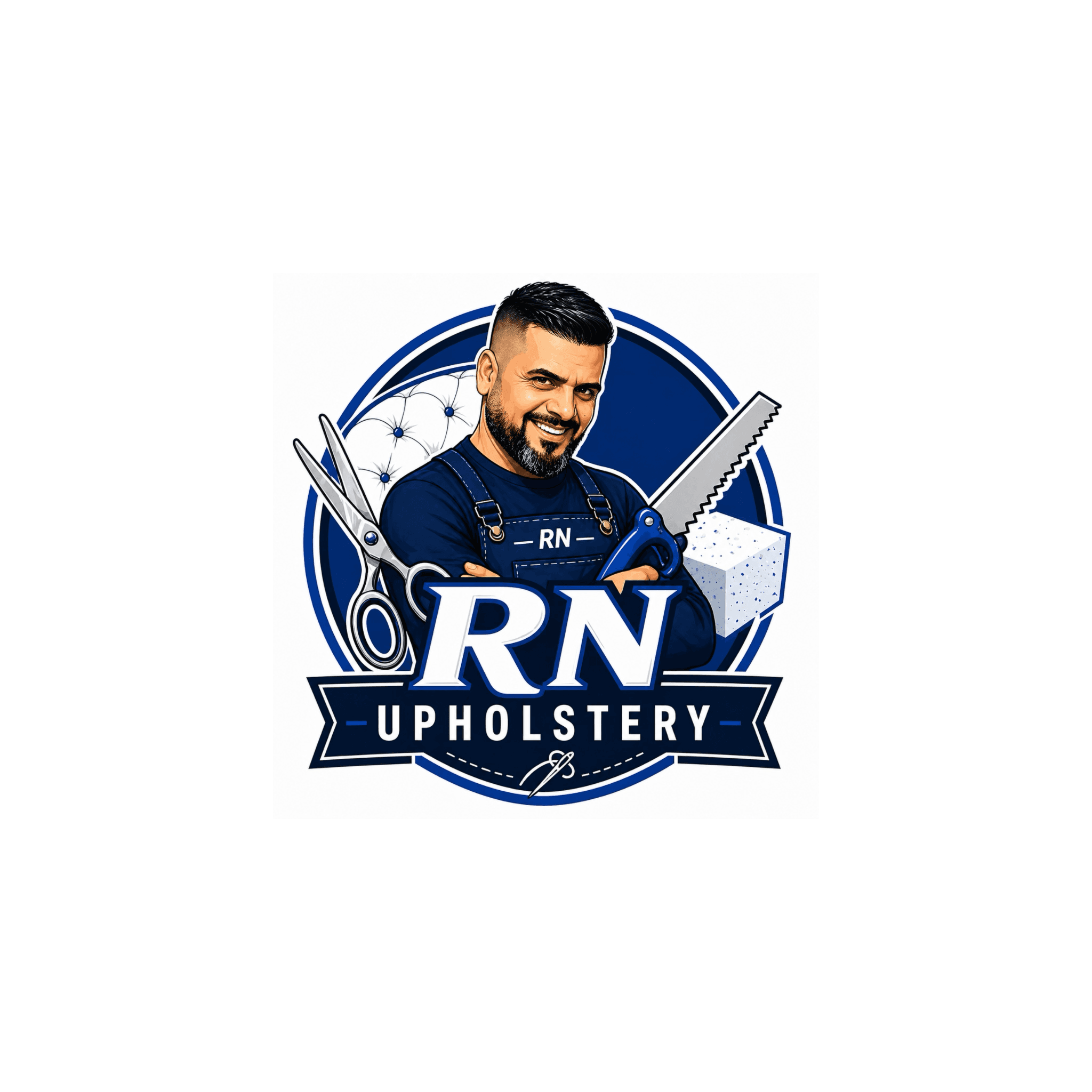 Circular logo for RN Upholstery featuring a man holding scissors, a saw, and foam block.